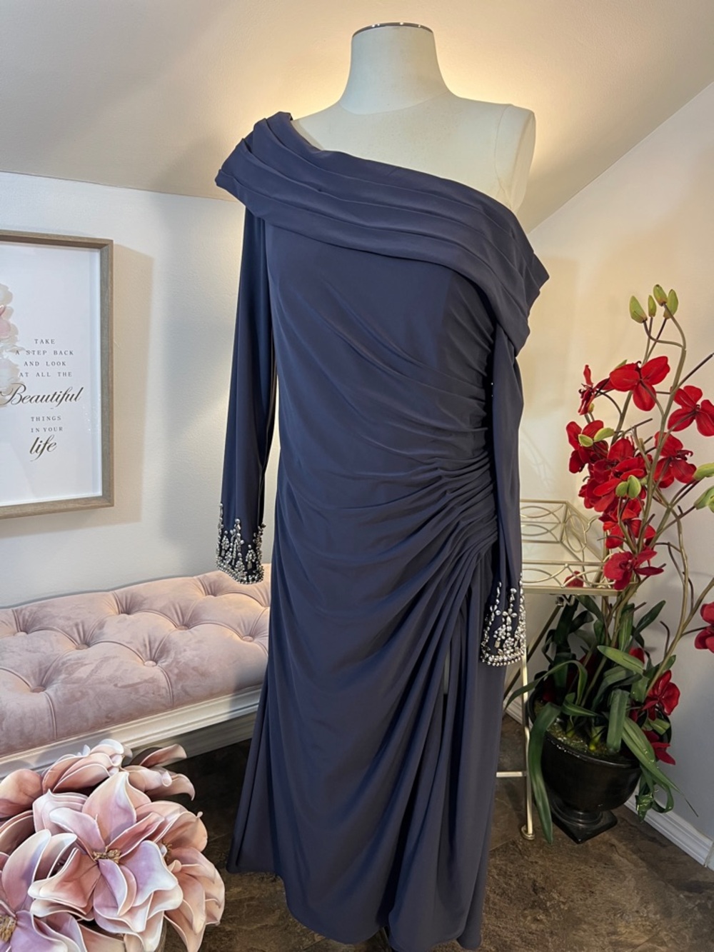 IEENA Mac Duggal One-Shoulder Embellished Cuff Gown in Slate Blue Size 12 NWT